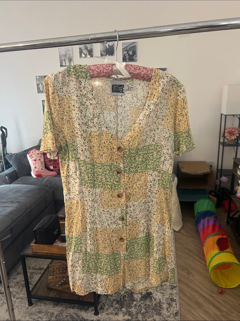 Reclaimed Vintage Yellow & Green Patchwork Floral Mini Romper